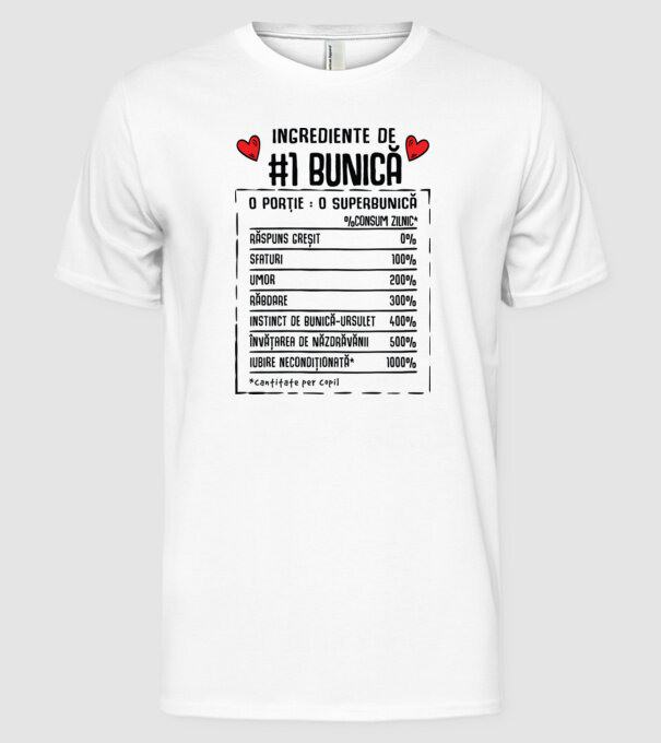 Ingrediente Bunică - o porție : o superbunică - %consum zilnic* răspuns greșit, sfaturi, umor, răbdare, instinct de bunică-ursul model alb pe tricou