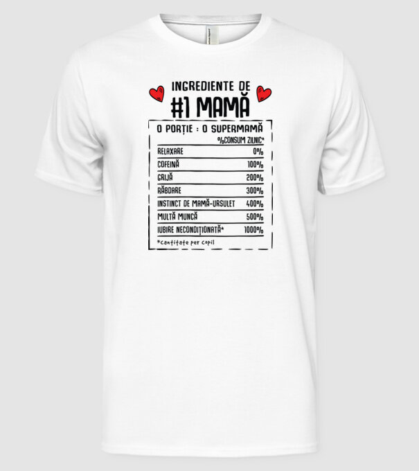 Ingrediente de Mamă - o porție : o supermamă - %consum zilnic* relaxare, cofeină, grijă, răbdare, instinct de mamă-ursuleț, mult model alb pe tricou