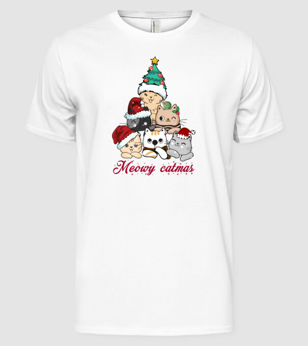 Meowy catmas model alb pe tricou