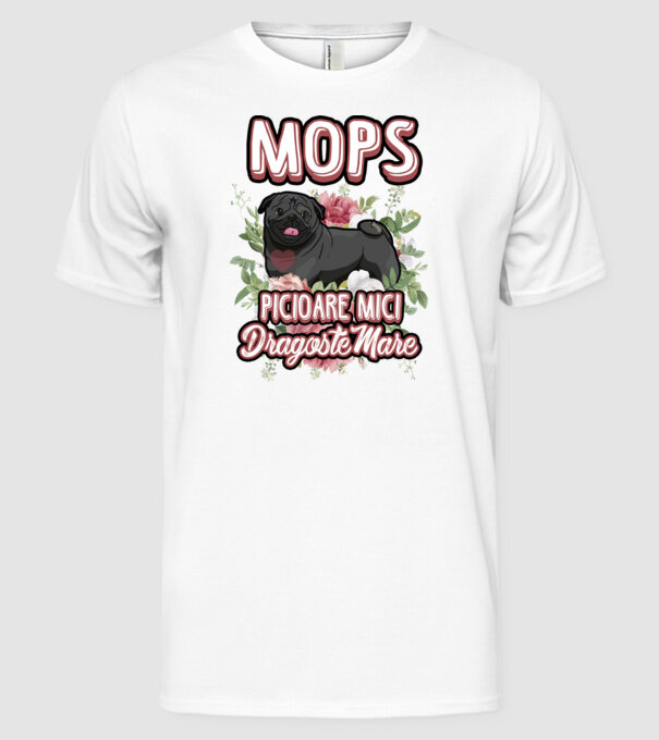 Mops negru picioare mici dragoste mare model alb pe tricou