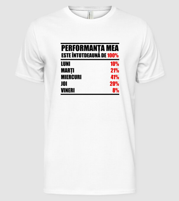 performanța mea este întotdeauna de 100% : luni, marți, miercuri, joi, vineri model alb pe tricou