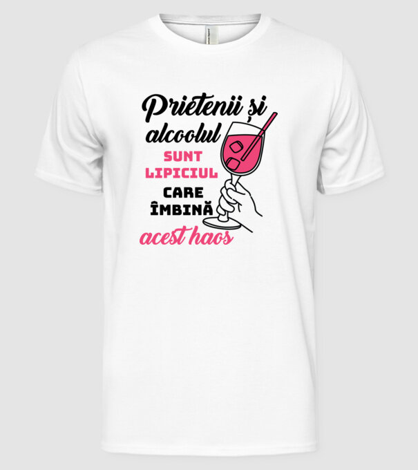 Prietenii și alcoolul sunt lipiciul care îmbină acest haos model alb pe tricou
