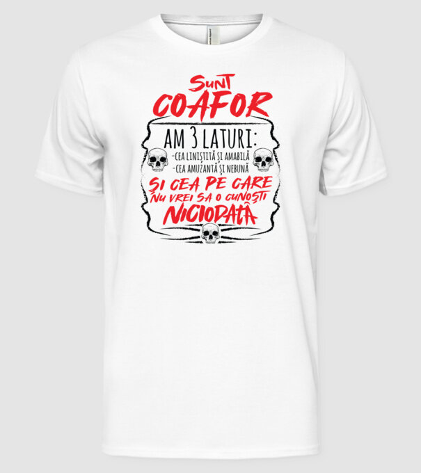 sunt coafor am 3 laturi model alb pe tricou