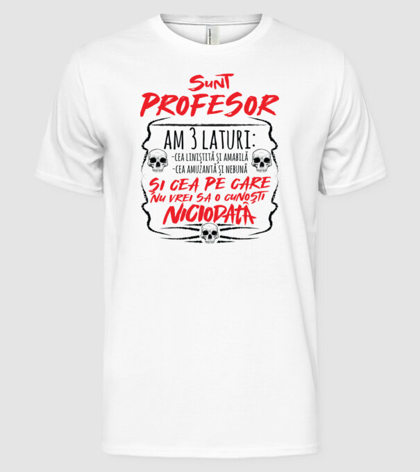 sunt profesor, am 3 laturi model alb pe tricou