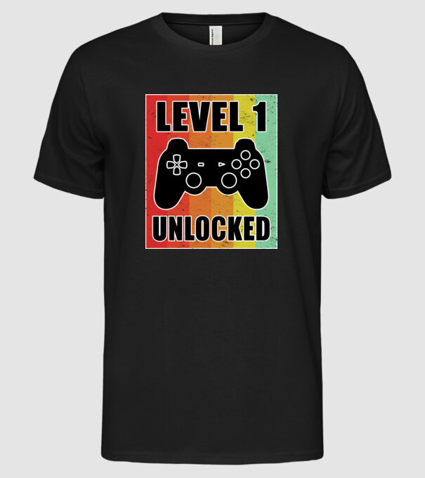 level 1 unlocked retro gamer model negru pe tricou