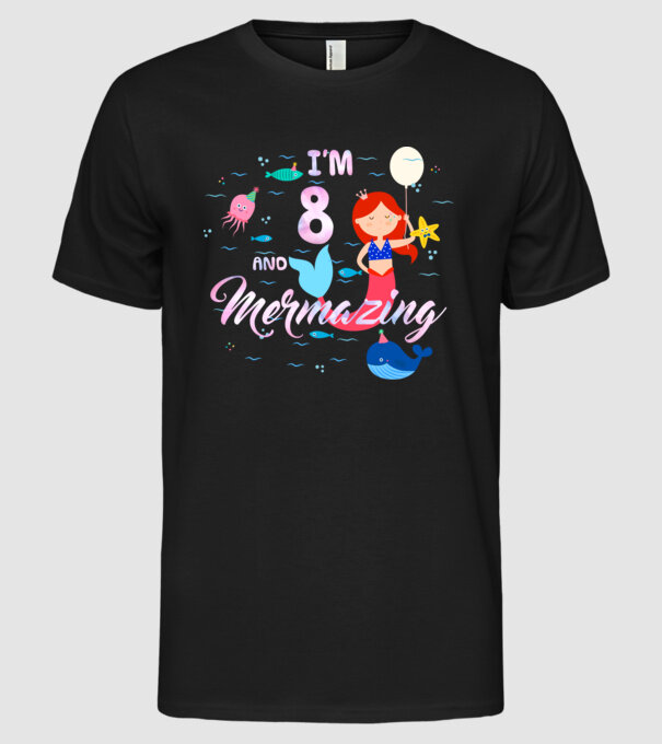 Mermazing Birthday 8 model negru pe tricou