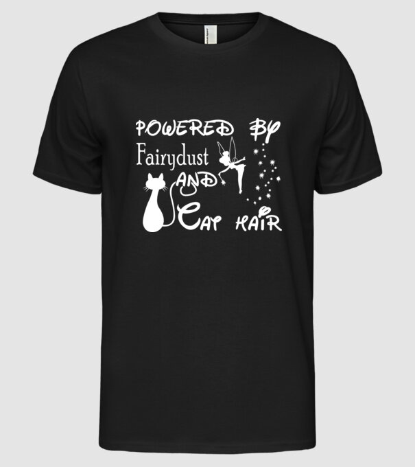 Powered by fairydust and cat hair model negru pe tricou