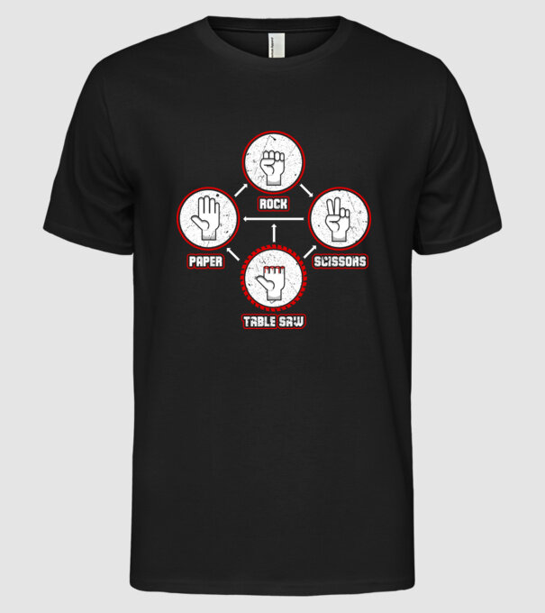 Rock Paper Scissors TABLE SAW model negru pe tricou