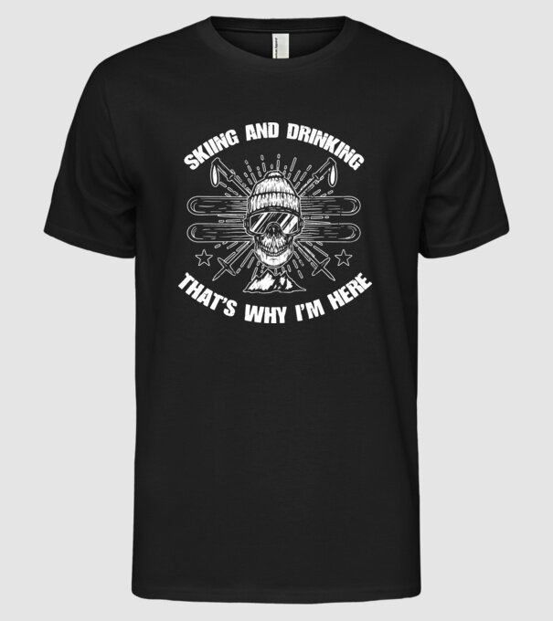 Skiing and drinking model negru pe tricou