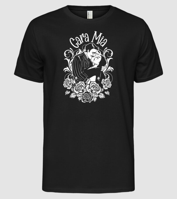 Addams family couple shirt Morticia and Gomez Cara Mia model negru pe tricou