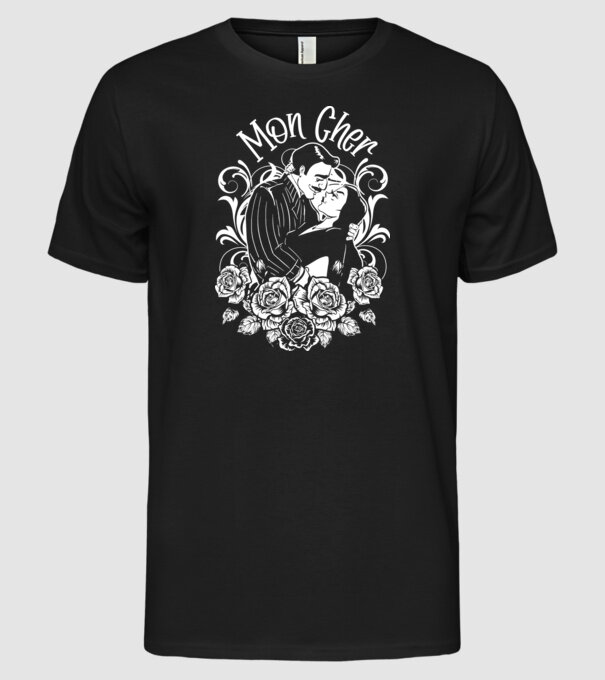 Addams family couple shirt Morticia and Gomez Mon cher model negru pe tricou