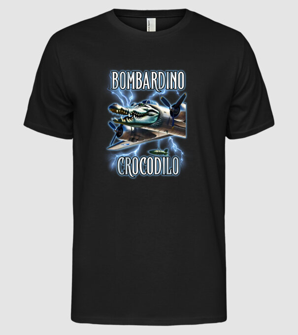 Bombardino Crocodilo model negru pe tricou