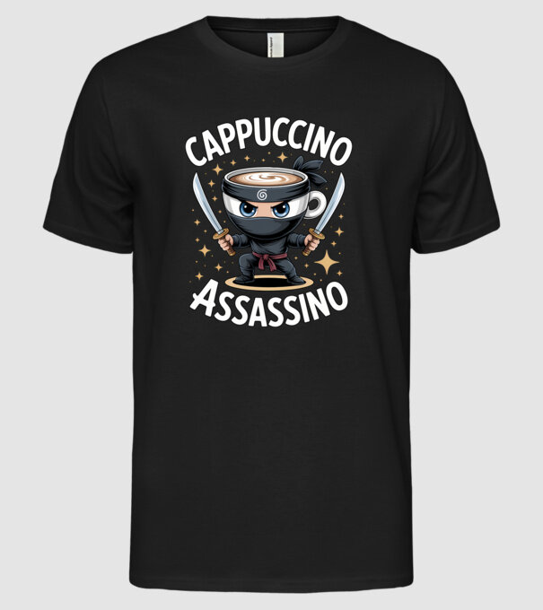 Cappuccino Assassino model negru pe tricou