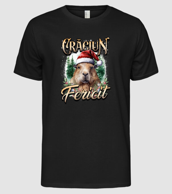 Capybara christmas model negru pe tricou
