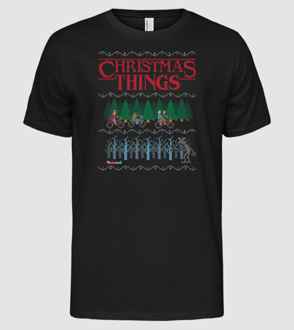 christmas things ugly sweater model negru pe tricou