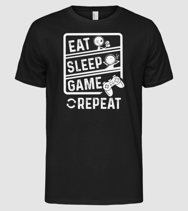 Eat sleep game repeat model negru pe tricou
