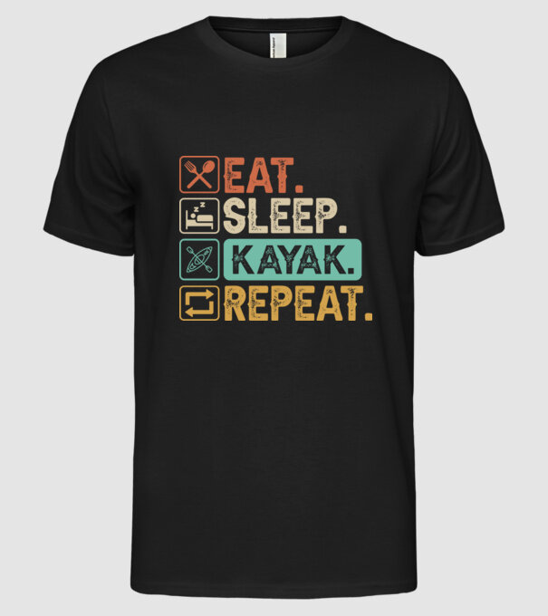 Eat Sleep Kayak model negru pe tricou