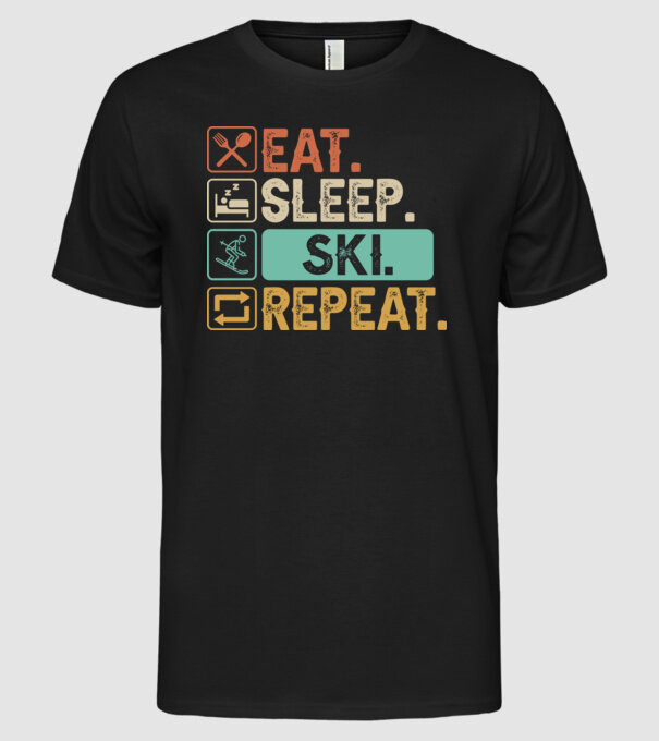 Eat Sleep SKI Repeat model negru pe tricou
