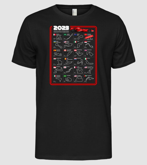 F1 2023 Formula Grand prix calendar model negru pe tricou