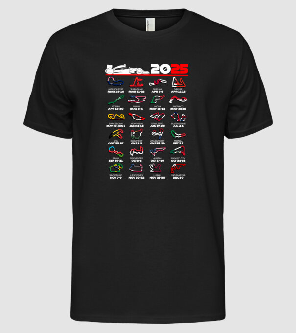 F1 calendar 2025 Negru model negru pe tricou