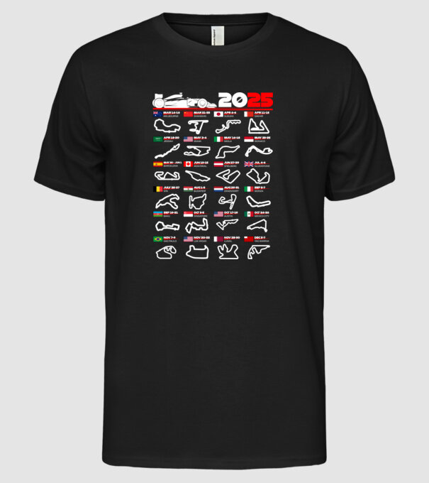 F1 calendar 2025 negru model negru pe tricou