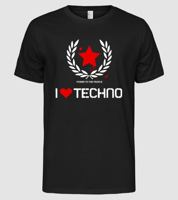 I love techno model negru pe tricou