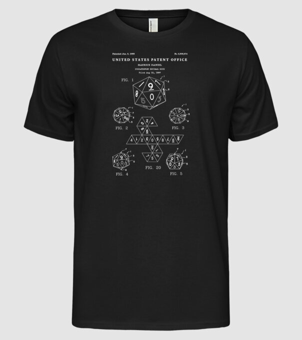 Icosahedron decimal dice patent model negru pe tricou