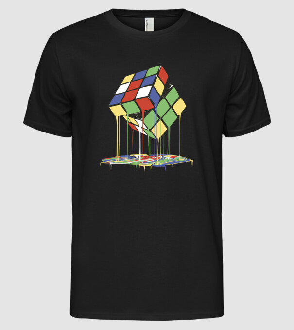 Melting Rubik cube model negru pe tricou