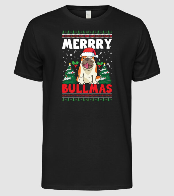Merry bullmas ugly sweater model negru pe tricou