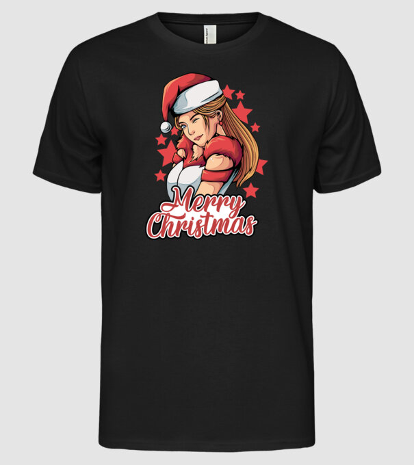 Merry christmas santa girl model negru pe tricou