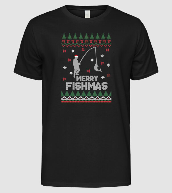 Merry Fishmas model negru pe tricou