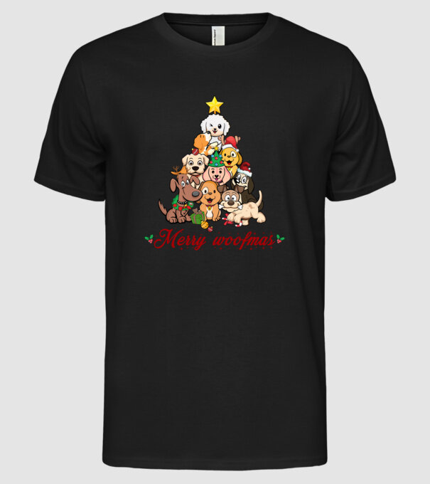 Merry woofmas model negru pe tricou