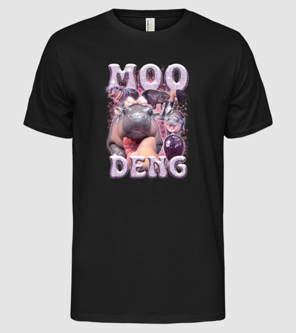 MOO DENG baby hippo model negru pe tricou