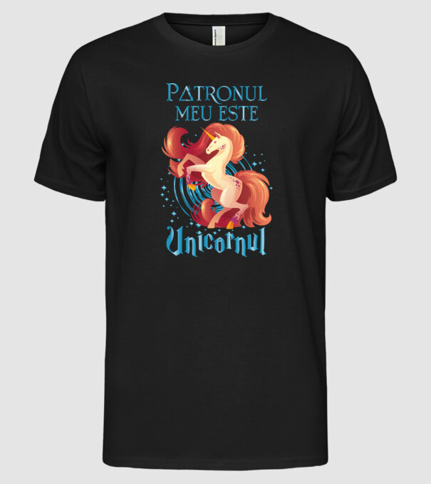 Patronul meu este UNICORNUL model negru pe tricou