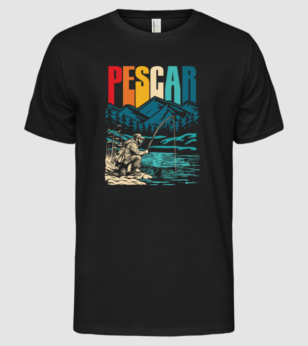 Pescar retro model negru pe tricou