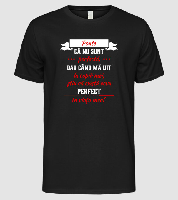 poate că nu sunt perfectă, dar când mă uit la copiii mei, știu că există ceva perfect în viața mea! model negru pe tricou