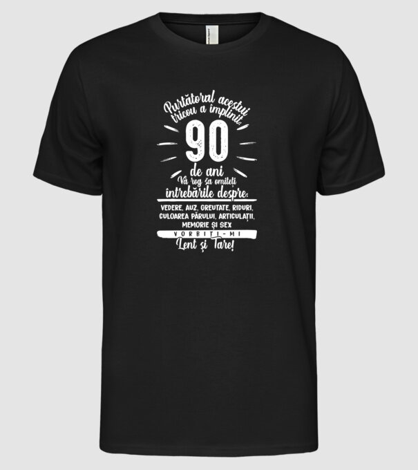 Purtătorul acestui tricou a împlinit: 90 de ani model negru pe tricou