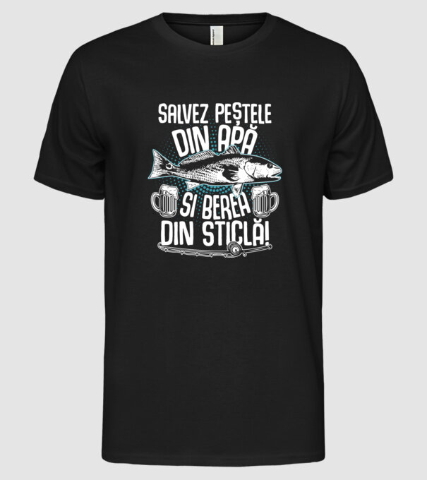 salvez peștele din apă și berea din sticlă model negru pe tricou
