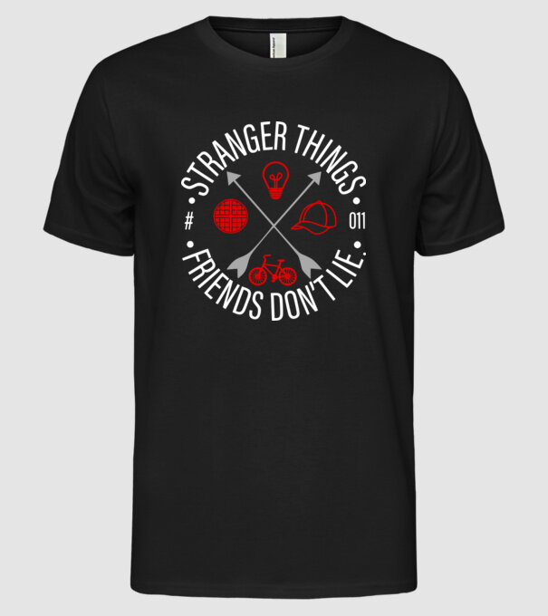 stranger things friends dont lie model negru pe tricou