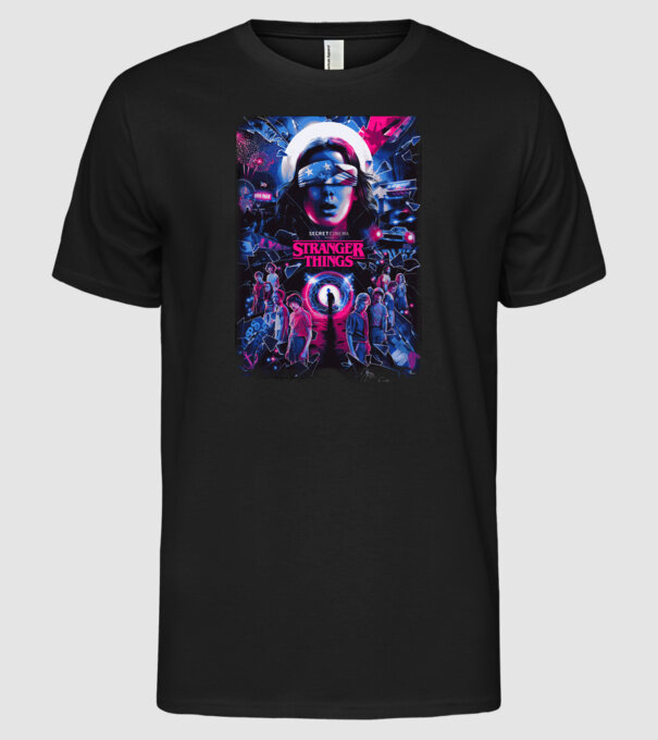 stranger things poster neon model negru pe tricou