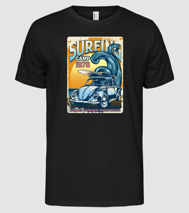 Surfer Camp model negru pe tricou