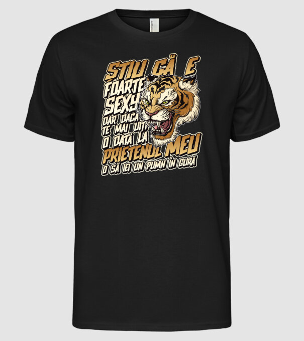 Știu că e foarte sexy, dar dacă te mai uiți o dată la prietenul meu, o să iei un pumn în gură model negru pe tricou