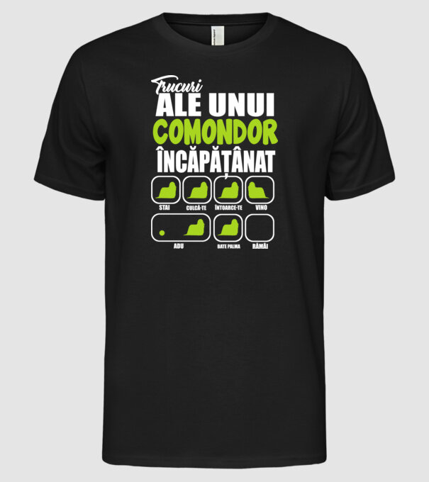 trucuri ale unui comondor încăpățânat stai, culcă-te, întoarce-te, vino, adu, bate palma, rămâi model negru pe tricou