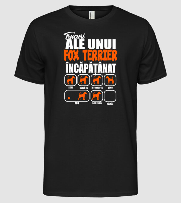 trucuri ale unui fox terrier încăpățânat stai, culcă-te, întoarce-te, vino, adu, bate palma, rămâi model negru pe tricou