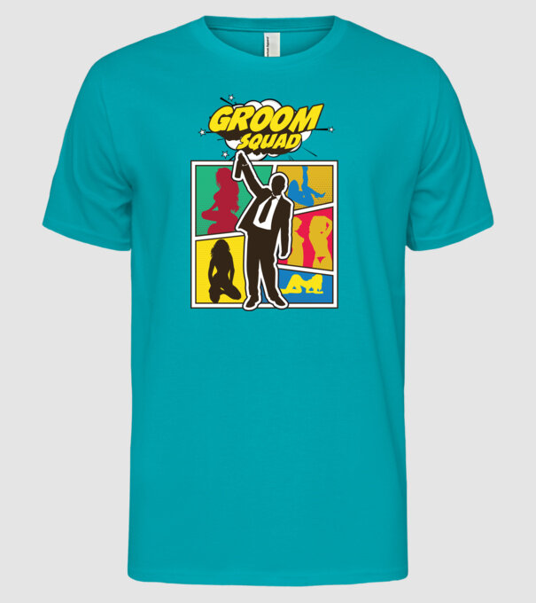 Comic Groom Squad model turcoaz pe tricou