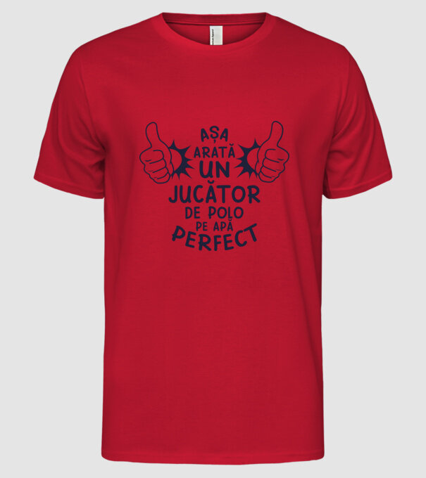 arată un JUCĂTOR DE POLO PE APĂ perfect model roșu pe tricou
