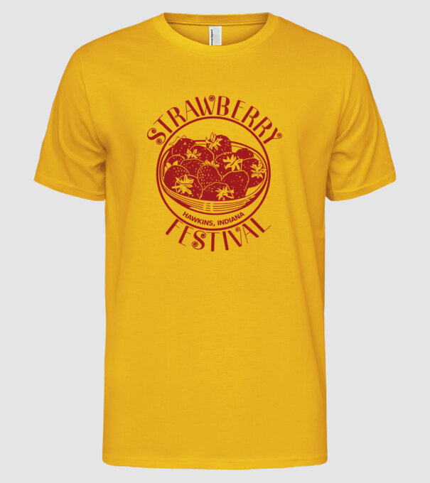 strawberry festival stranger things model galben pe tricou