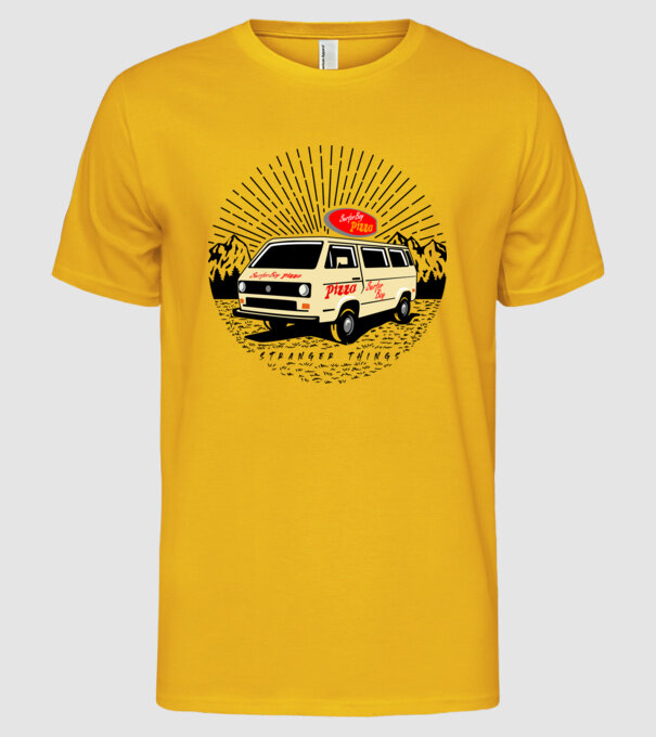 surfer boy pizza bus stranger things model galben pe tricou