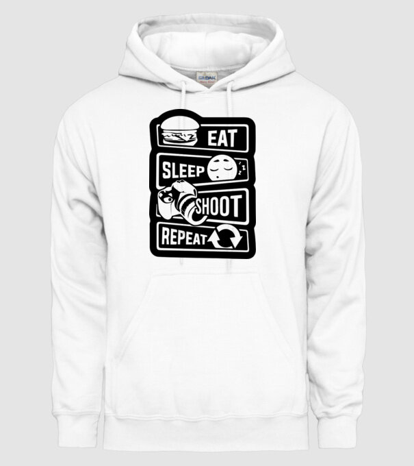 eat sleep shoot repeat model alb pe tricou