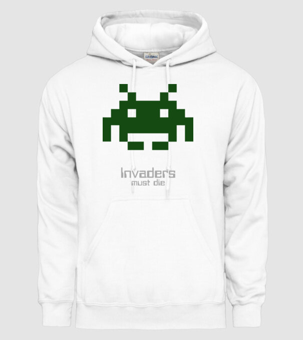 Invaders Must Die model alb pe tricou